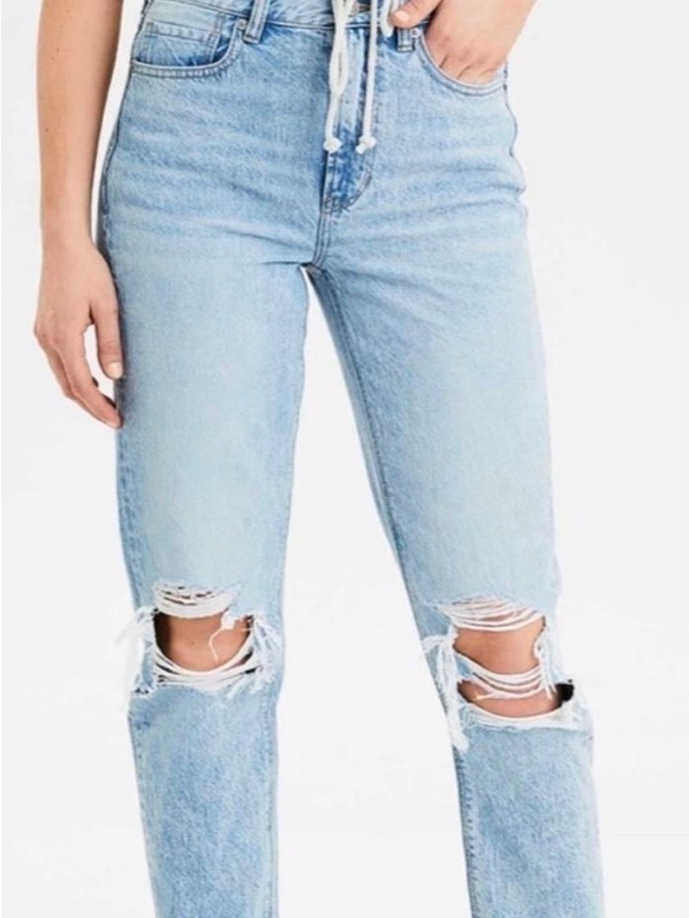 American Eagle Light Blue High-Rise Distressed Women's Mom Jeans